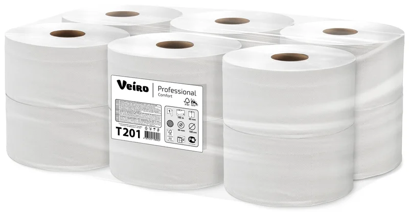 Бумага туалетная (VEIRO, 1-сл, отбелен.макул., Professional Comfort, T-201, 200 м, 12 шт/упак)