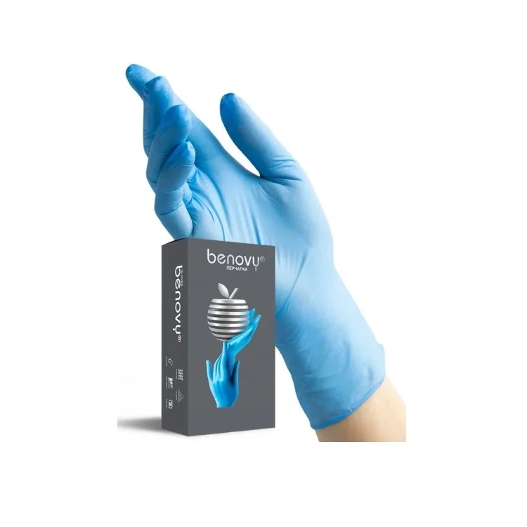 Перчатки одноразовые (нитриловые, BENOVY, разм.L, неопудренные, голубой цвет, 100 шт/упак, 10 упак/кор)
