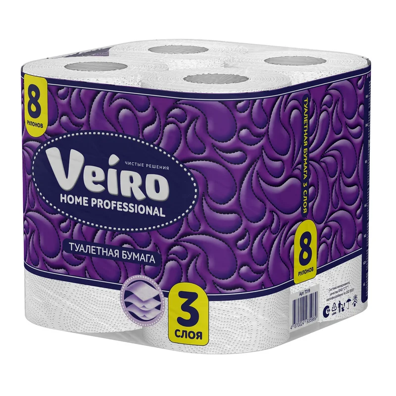 Бумага туалетная (VEIRO, 3-сл, 100% целлюлоза, Professional Home, T319, 8 рул/упак, 6 упак/кор)