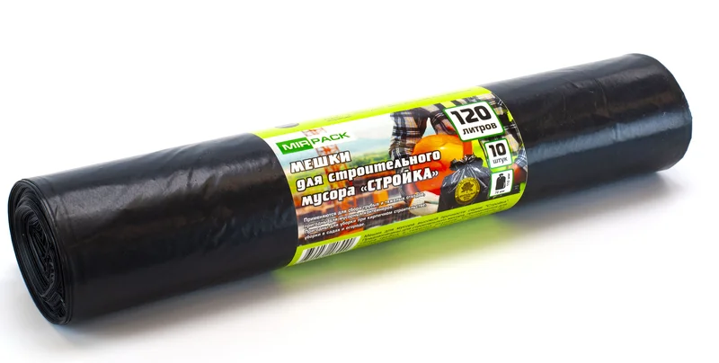 Мешки для мусора (ПВД, MirPack, 120л, 70*110, черный цвет, 70 мкр, 10 шт/рул, 7 рул/кор, СТРОЙКА, S12010910)