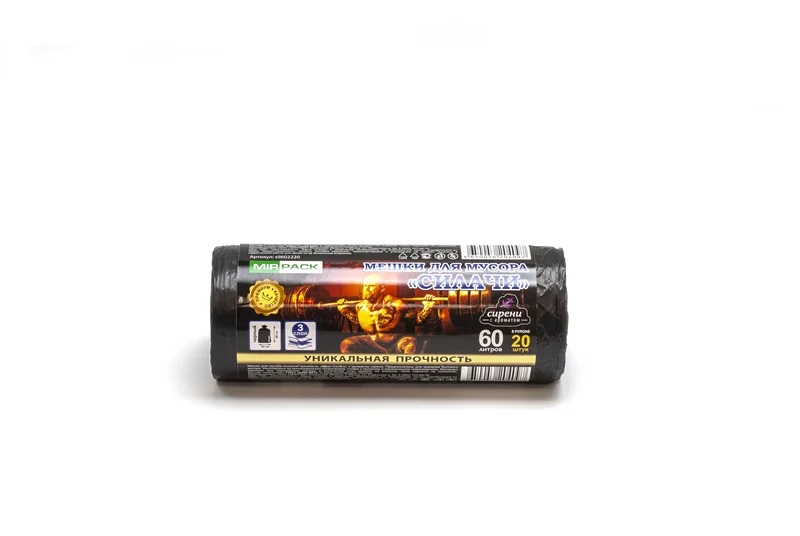 Мешки для мусора (ПВД, MirPack, 60л, 600*800, черный цвет, 25 мкр, 20 шт/рул, 15 рул/кор, Силачи)