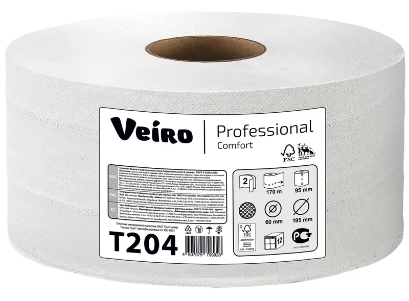 Бумага туалетная (VEIRO, Professional Comfort, 2-сл, отбелен.макул., 170 м, T-204, 12 шт/упак)