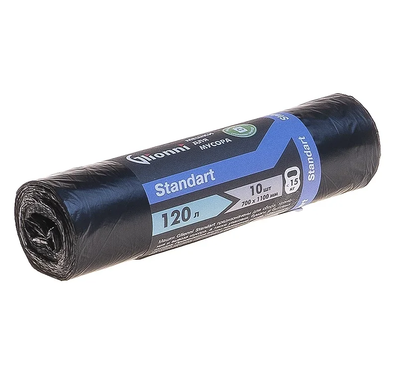 Мешки для мусора (ПНД, Glionni, 120л, черный цвет, 10 шт/рул, 25 рул/кор, Standart NEW)