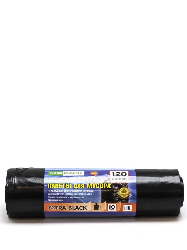 Мешки для мусора (ПВД, MirPack, 120л, 70*110, черный цвет, 50 мкм, 10 шт/рул, 10 рул/кор, EXTRA black, 12005801)
