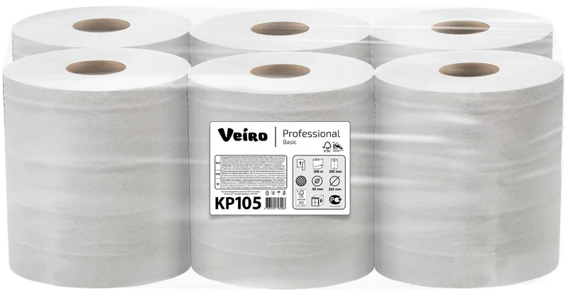 Полотенца бумажные (VEIRO, центральная вытяжка, 1-сл., КР105, белый цвет, 6 рул/упак)