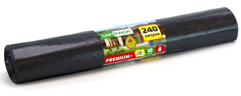 Мешки для мусора (ПВД, MirPack, 240л, 93*130 см, черный цвет, 45 мкр, 10 шт/рул, 10 рул/кор, Premium+, 24010830)