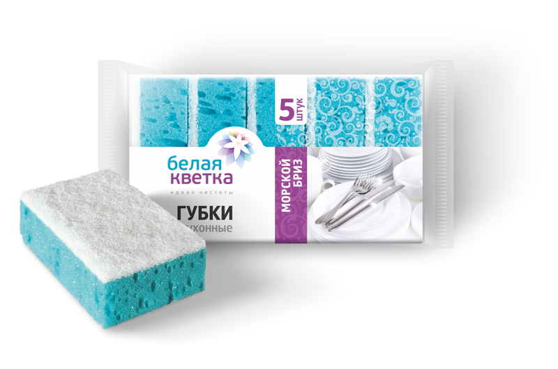 Губки для посуды (Белая кветка, "Морской бриз", 100*70*35 мм, крупнопористые, 5 шт/упак, 34 уп/кор, арт. 0204)