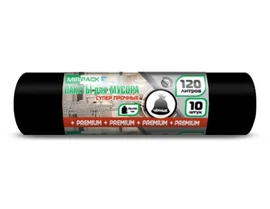 Мешки для мусора (ПВД, MirPack, 120л, черный цвет, 40 мкм, 10 шт/рул, 12 рул/кор, Premium+, 12010500)