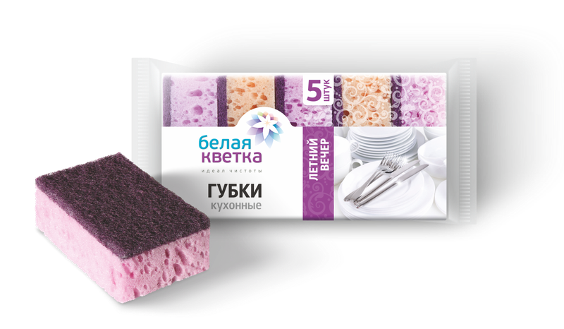 Губки для посуды (Белая кветка, Летний вечер, 90*60*35 мм, 5 шт/упак, 30 упак/кор, крупнопористые, (0201))
