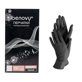 Перчатки одноразовые (виниловые, BENOVY, разм.M, неопудренные, черный цвет, 100 шт/упак, 10 упак/кор)