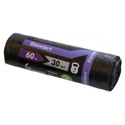 Мешки для мусора (ПНД, Glionni, 60л, черный цвет, 30 шт/рул, 50 рул/кор, STANDART)
