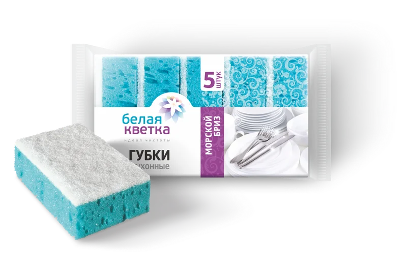 Губки для посуды (Белая кветка, "Морской бриз", 100*70*35 мм, крупнопористые, 5 шт/упак, 34 уп/кор, арт. 0204)