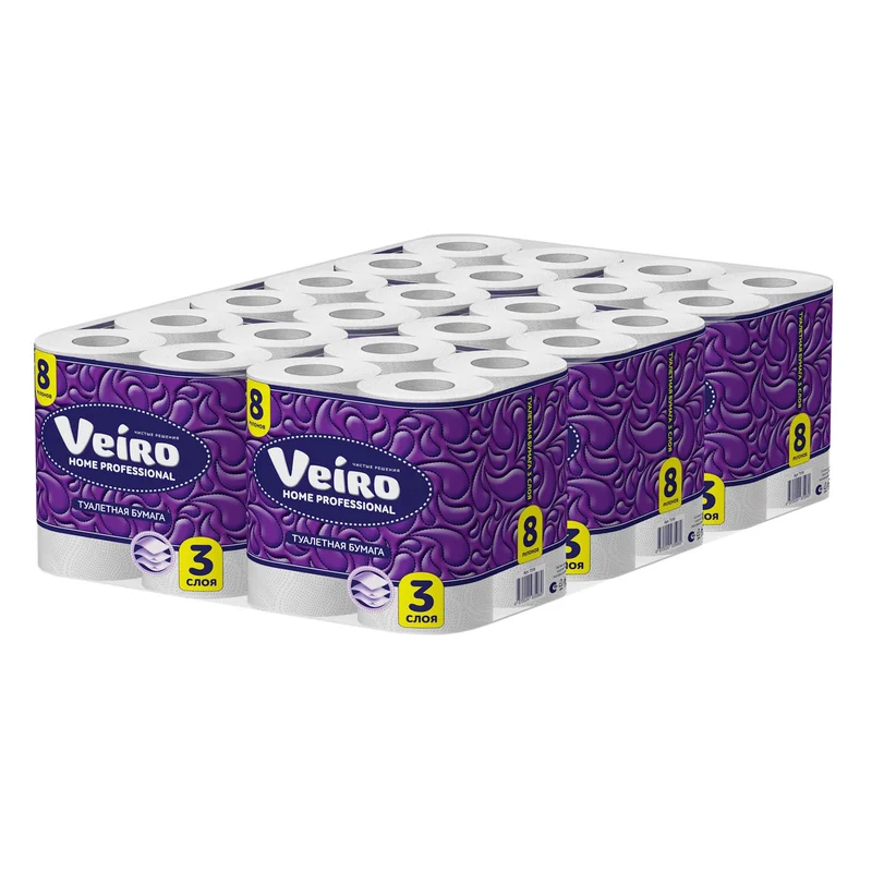 Бумага туалетная (VEIRO, 3-сл, 100% целлюлоза, Professional Home, T319, 8 рул/упак, 6 упак/кор)